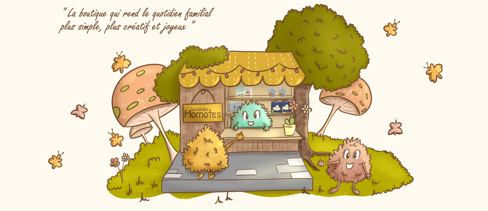 Illustration d'une boutique dans la forêt avec des ventes de produits de momotes.