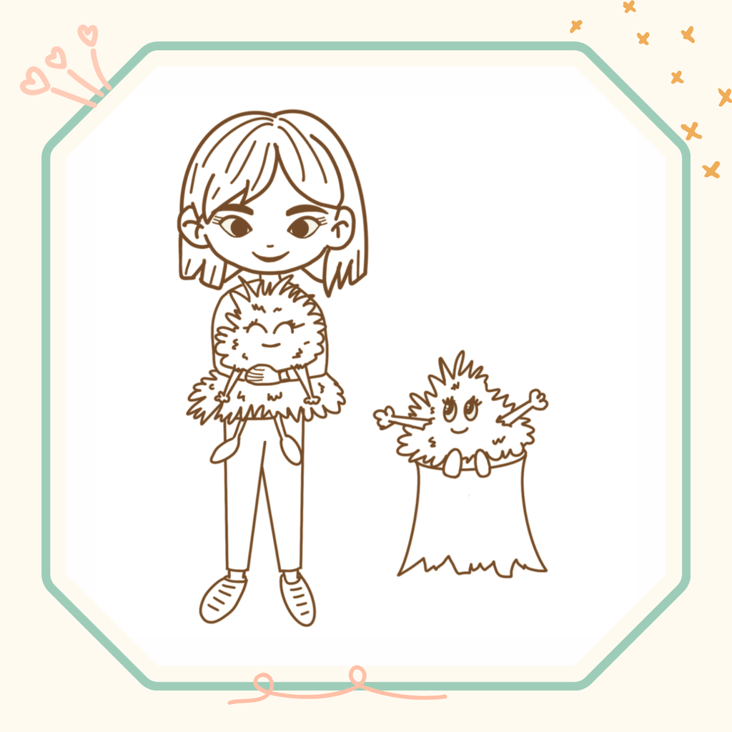 Dessin d'une petite fille qui porte une momote et une momote assise sur un tronc d'arbre.