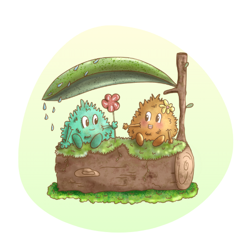 Vignette d'une illustration d'une momote qui offre une fleur à une autre momote assisent sur un tronc d'arbre et abritées de la pluie par une feuille.