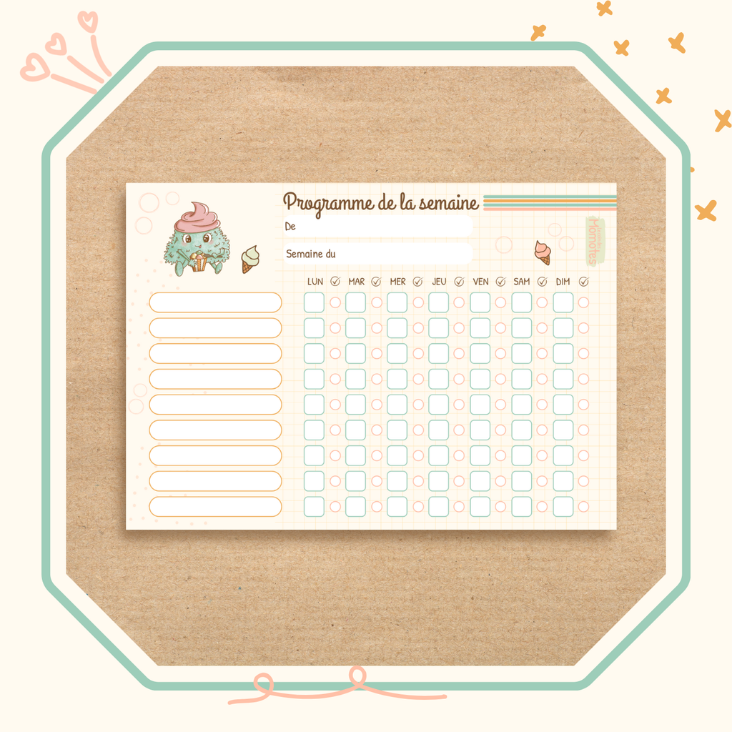 Visuel du bloc notes pour programmer la semaine des enfants illustré de la momote Creamy.