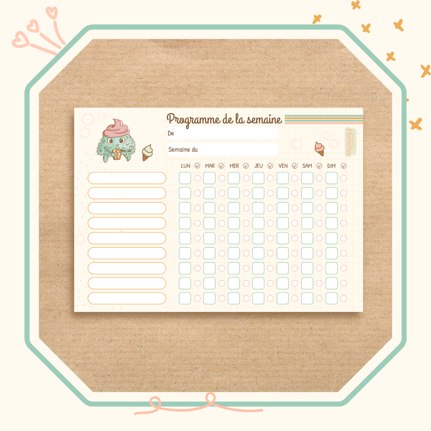 Visuel du bloc notes pour programmer la semaine des enfants illustré de la momote Creamy.