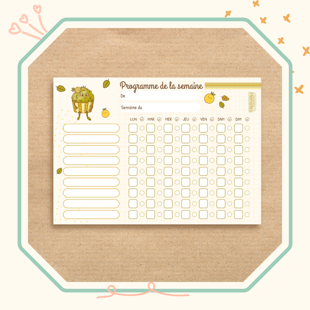 Visuel du bloc notes programme de la semaine des enfants illustré de la momote Cupcake.