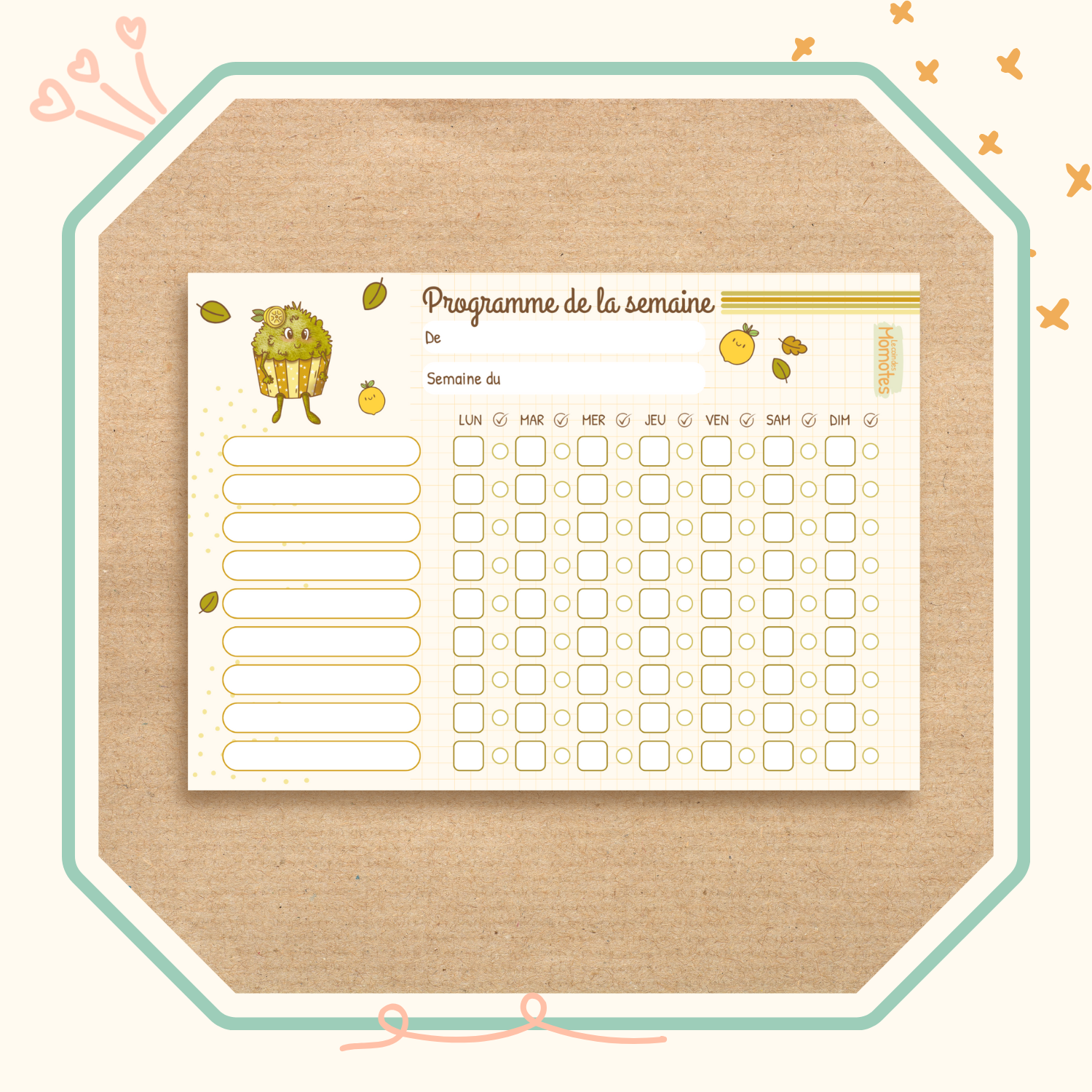 Visuel du bloc notes programme de la semaine des enfants illustré de la momote Cupcake.
