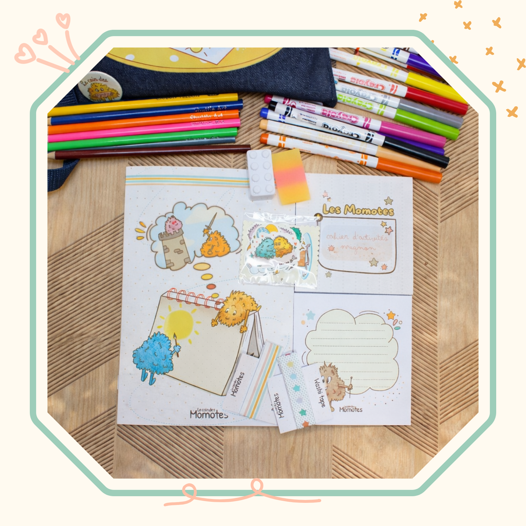Carnet, bloc-notes, cahier d'activités, feutres, crayons, stickers, le contenu de la sacoche d'activités.