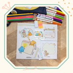 Carnet, bloc-notes, cahier d'activités, feutres, crayons, stickers, le contenu de la sacoche d'activités.
