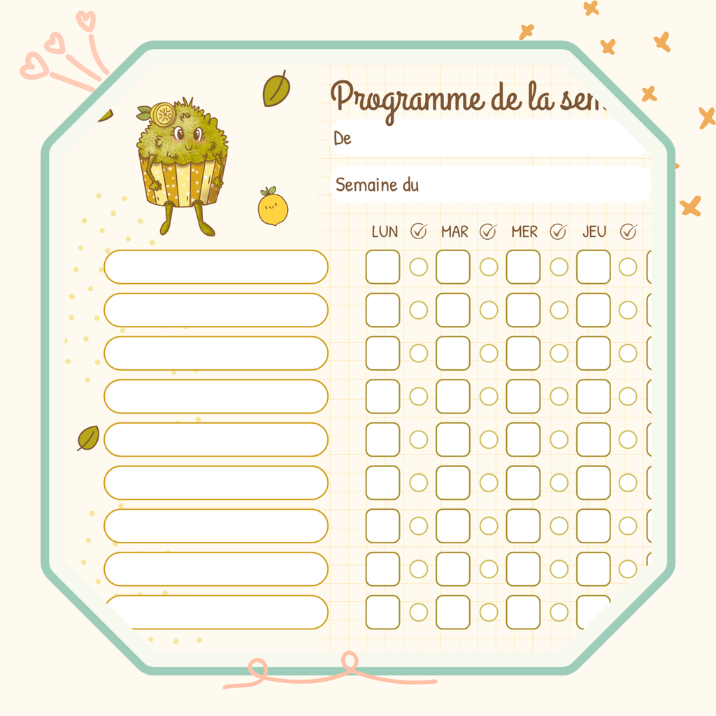 Zoom du support de planification de la semaine des enfants, illustré de la momote Cupcake.
